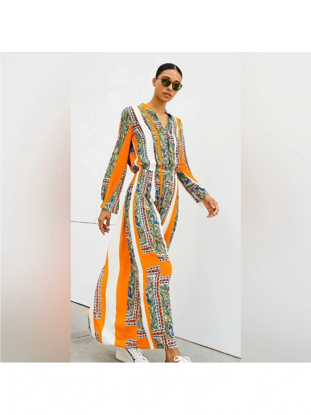 Tory Burch Orange & White Mixed-Print Midi Dress
